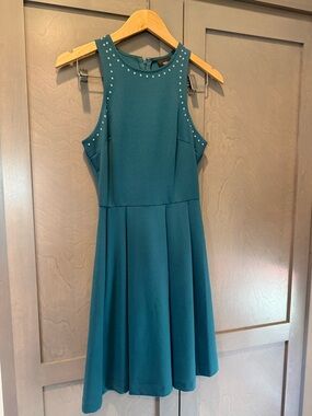 Sleeveless Teal Fit and Flare Dress with Stud Embellished Neckline